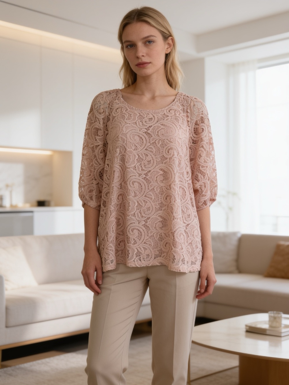 Adrianna Papell Peach Blush Paisley Lace 3/4 Sleeve Top Medium
